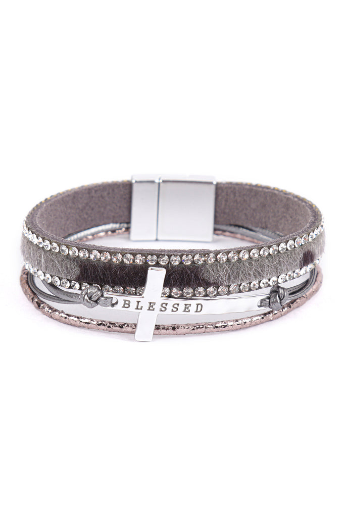 BLESSED INSPIRATIONAL LEATHER RHINESTONE MAGNETIC LOCK BRACELET