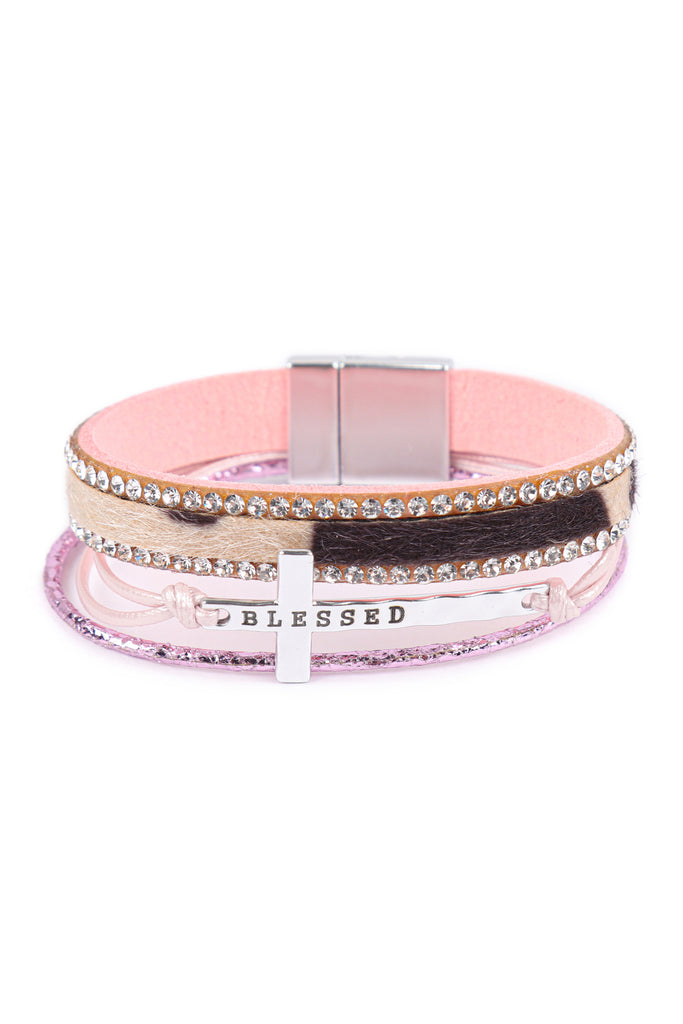 BLESSED INSPIRATIONAL LEATHER RHINESTONE MAGNETIC LOCK BRACELET