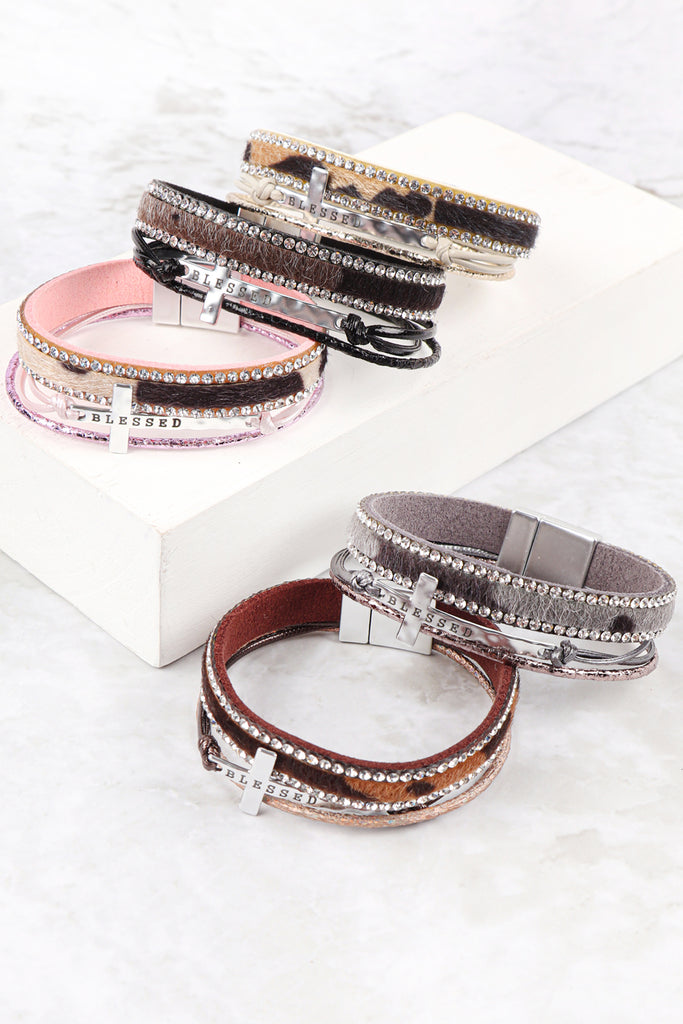 BLESSED INSPIRATIONAL LEATHER RHINESTONE MAGNETIC LOCK BRACELET
