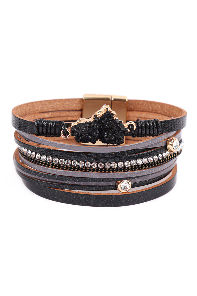 LEATHER WRAP DRUZY HEART MAGNETIC LOCK BRACELET