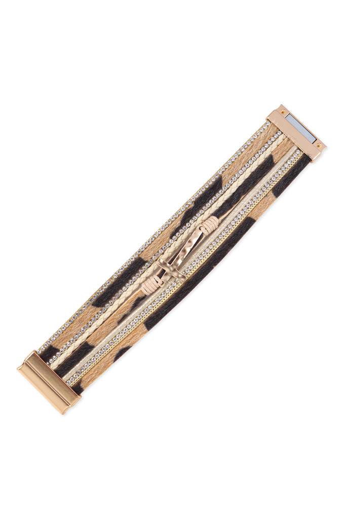 HDB3468 - LEOPARD PRINT LEATHER WRAP MAGNETIC LOCK W/ CROSS BRACELET