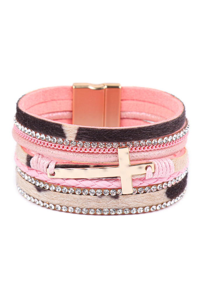 HDB3468 - LEOPARD PRINT LEATHER WRAP MAGNETIC LOCK W/ CROSS BRACELET