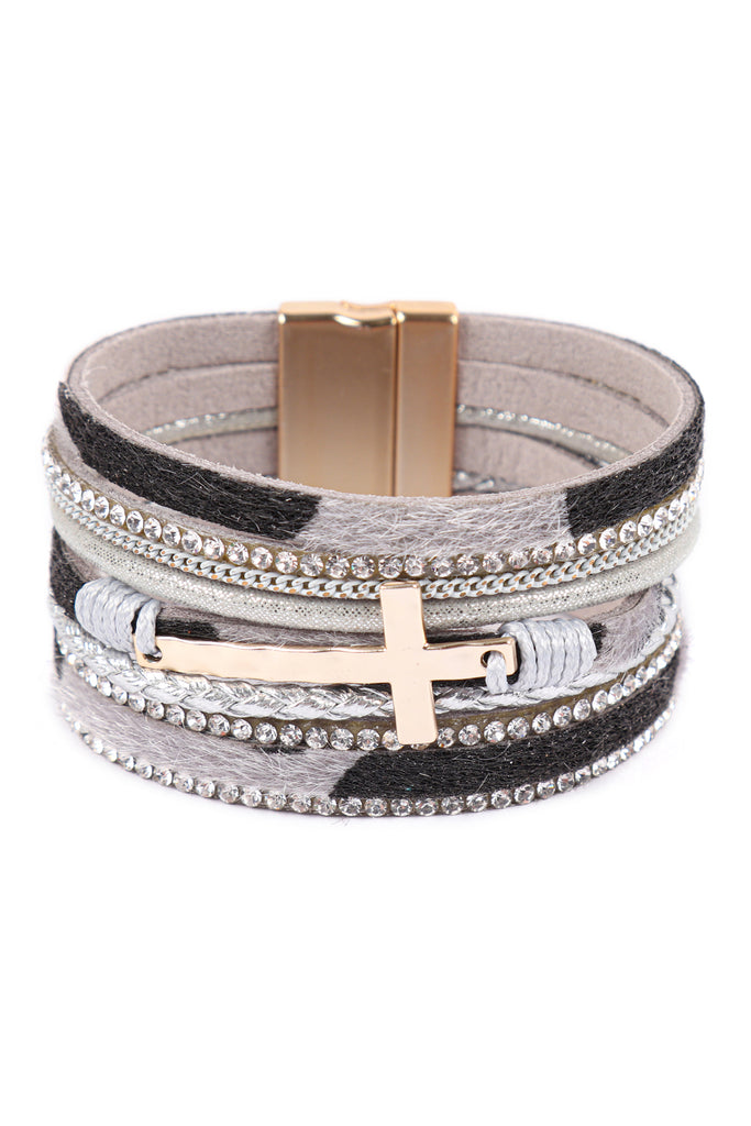 HDB3468 - LEOPARD PRINT LEATHER WRAP MAGNETIC LOCK W/ CROSS BRACELET