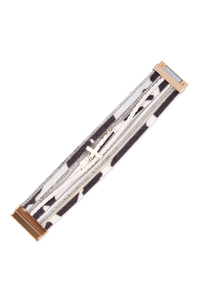 HDB3468 - LEOPARD PRINT LEATHER WRAP MAGNETIC LOCK W/ CROSS BRACELET