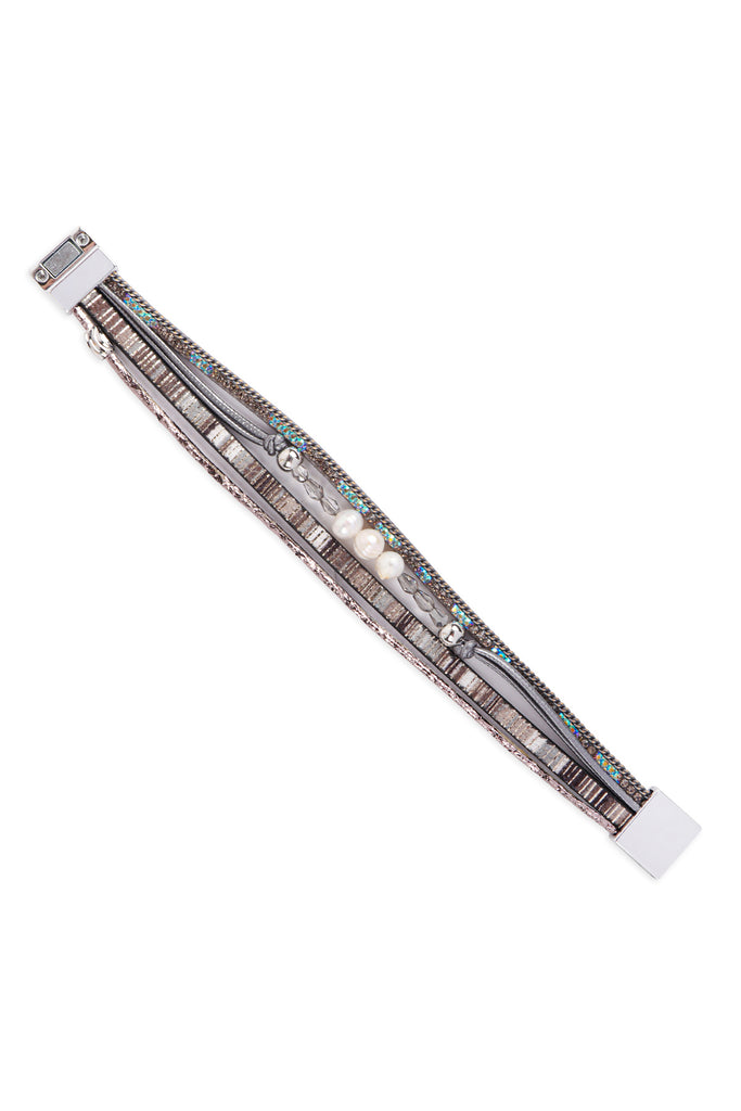 PEARL GLASS BEAD LEATHER MIX MAGNETIC LOCK BRACELET