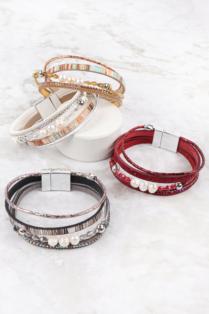 PEARL GLASS BEAD LEATHER MIX MAGNETIC LOCK BRACELET