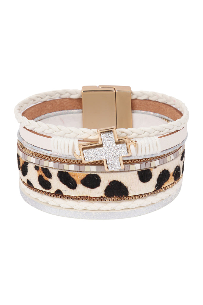LEOPARD PRINT LEATHER BRAIDED CROSS STONE BRACELET