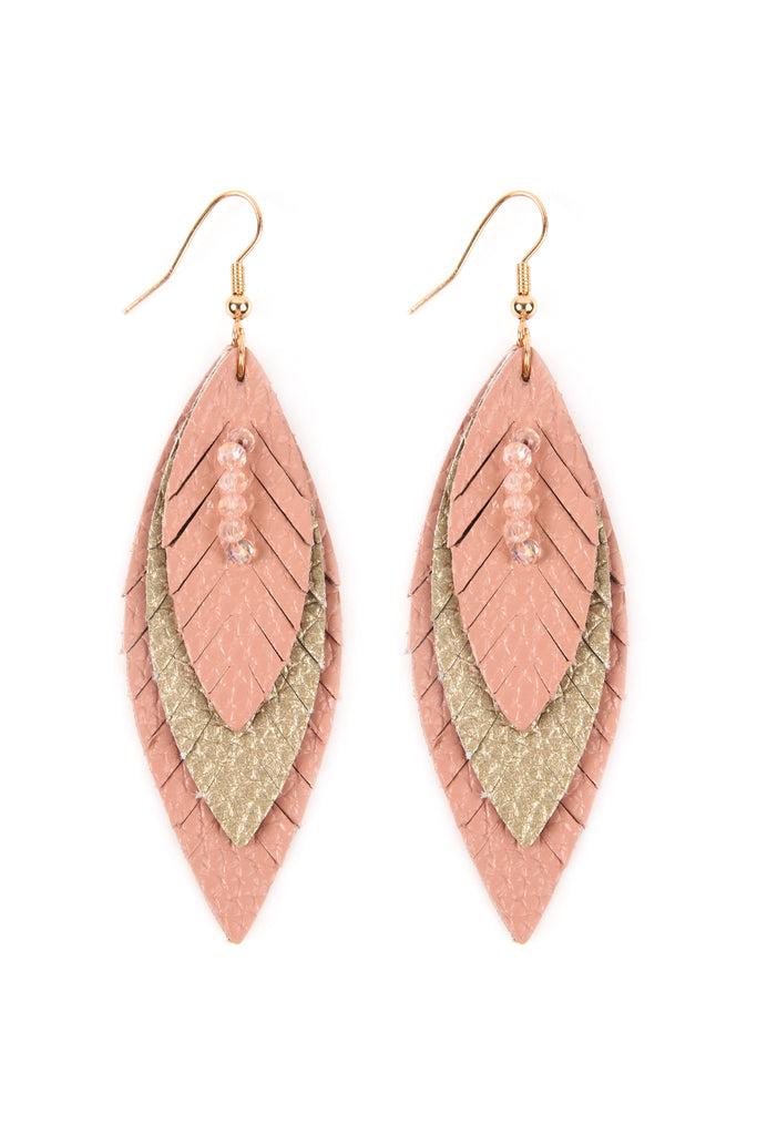 THREE LAYER FRINGE LEATHER MARQUISE EARRINGS