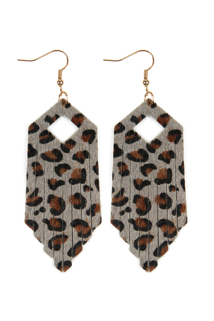 FRINGE HEXAGON LEOPARD LEATHER HOOK EARRINGS