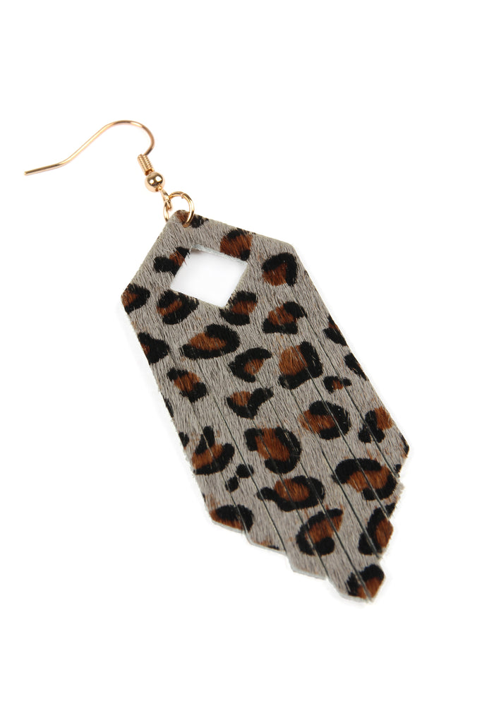 FRINGE HEXAGON LEOPARD LEATHER HOOK EARRINGS