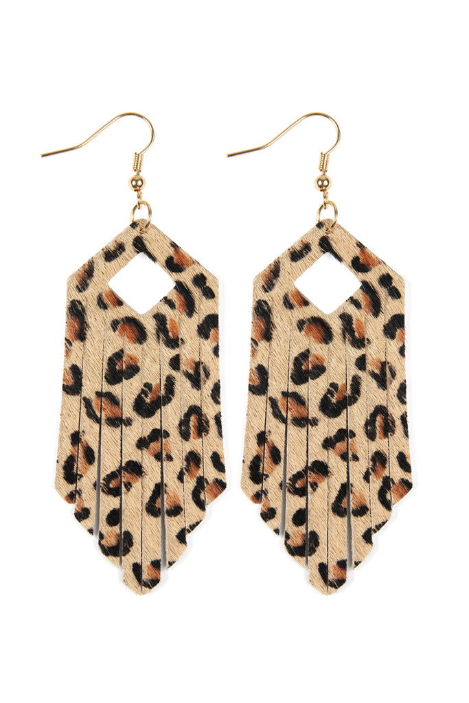 FRINGE HEXAGON LEOPARD LEATHER HOOK EARRINGS