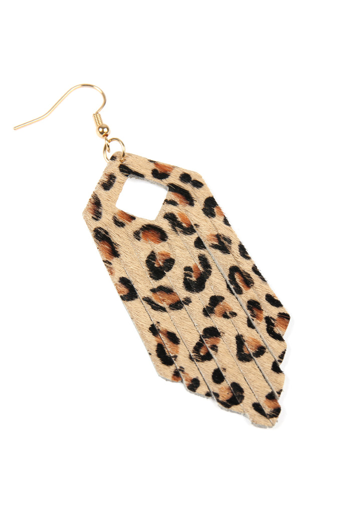 FRINGE HEXAGON LEOPARD LEATHER HOOK EARRINGS