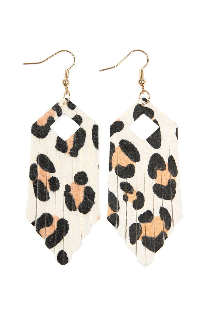 FRINGE HEXAGON LEOPARD LEATHER HOOK EARRINGS