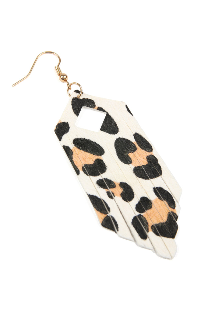 FRINGE HEXAGON LEOPARD LEATHER HOOK EARRINGS
