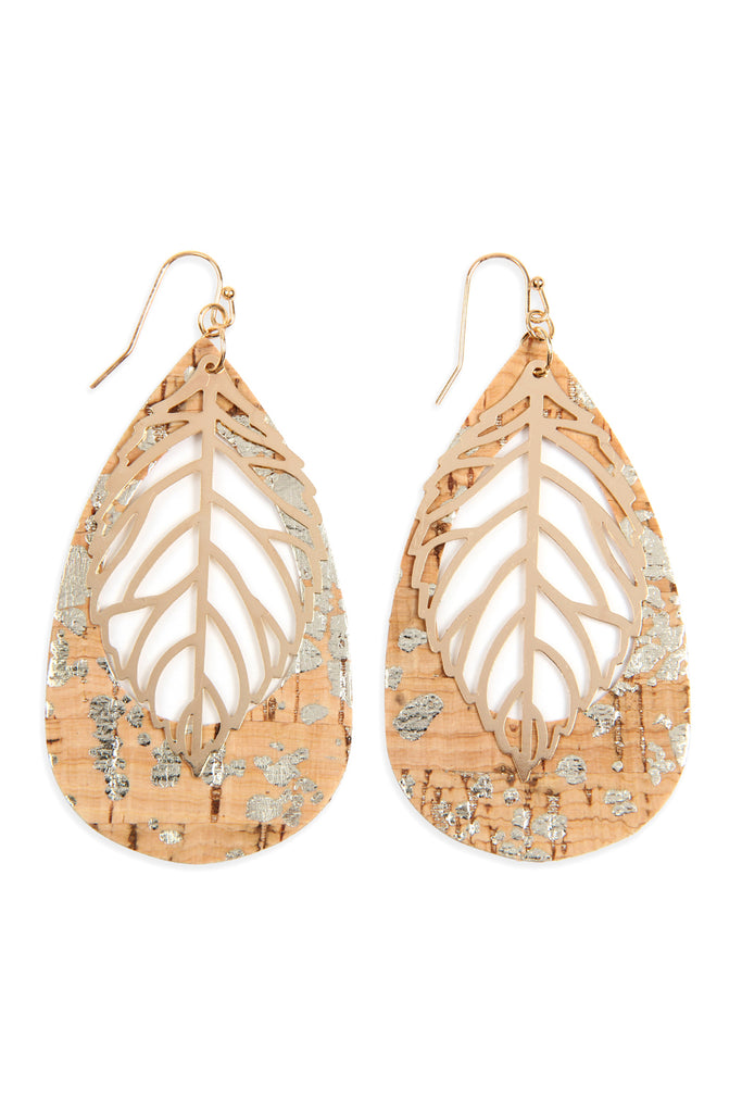 Cork Pattern Teardrop Metal Leaf Filigree Earrings