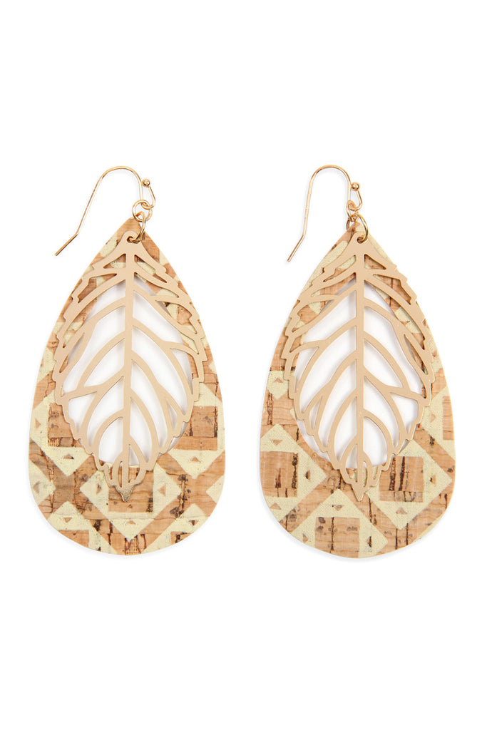Cork Pattern Teardrop Metal Leaf Filigree Earrings
