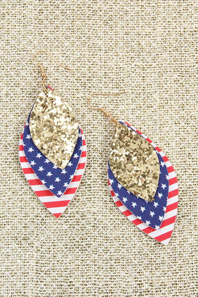 USA FLAG WITH SEQUIN MARQUISE LAYERED LEATHER DROP EARRINGS