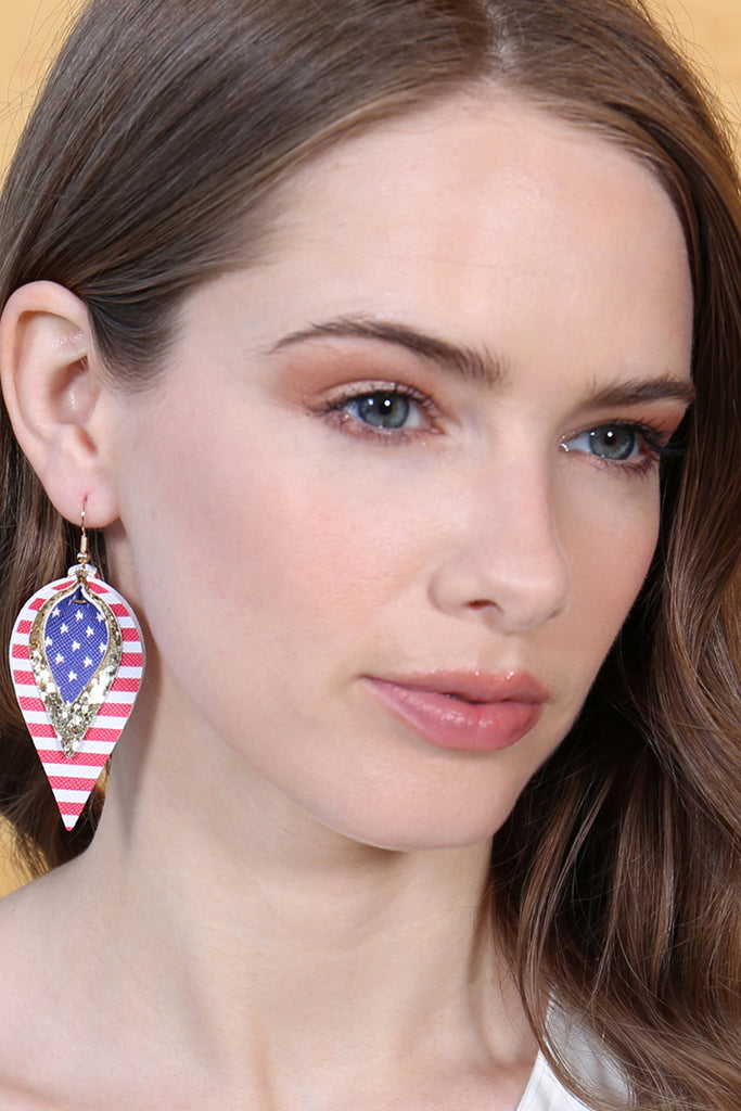 THREE LAYER USA ACCENT LEATHER DROP EARRINGS