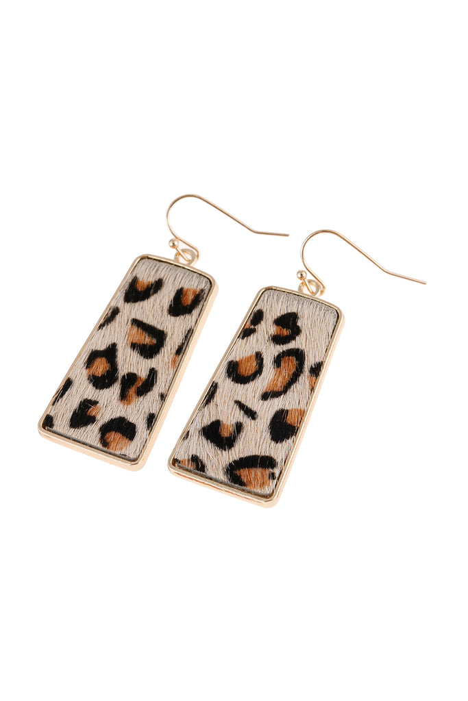 LEOPARD PRINTED LEATHER BAR DANGLING FISH HOOK EARRINGS