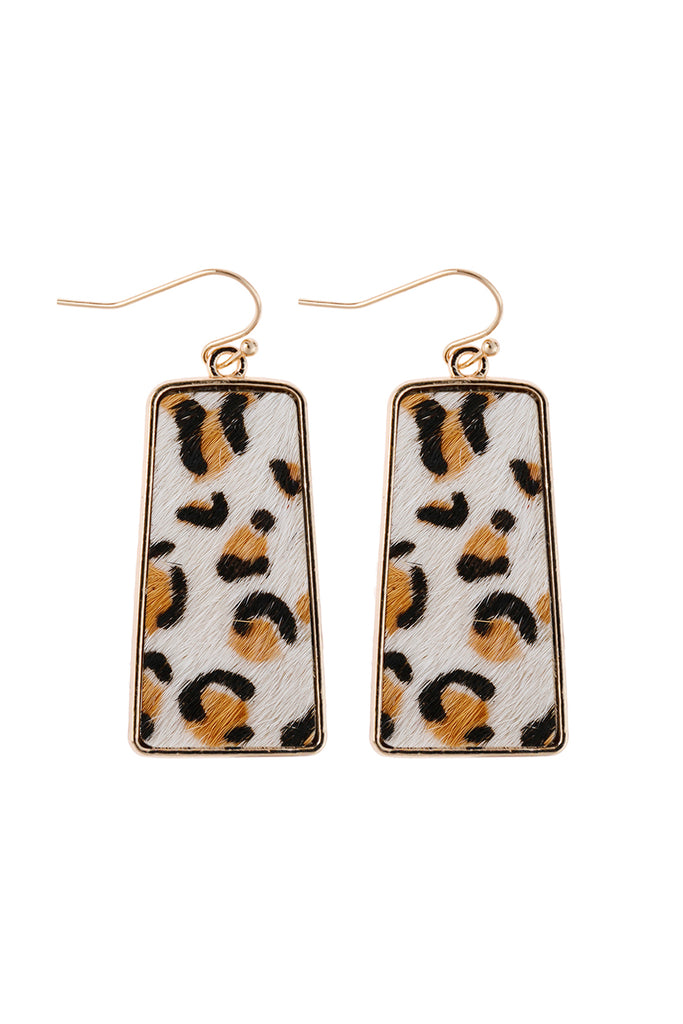 LEOPARD PRINTED LEATHER BAR DANGLING FISH HOOK EARRINGS