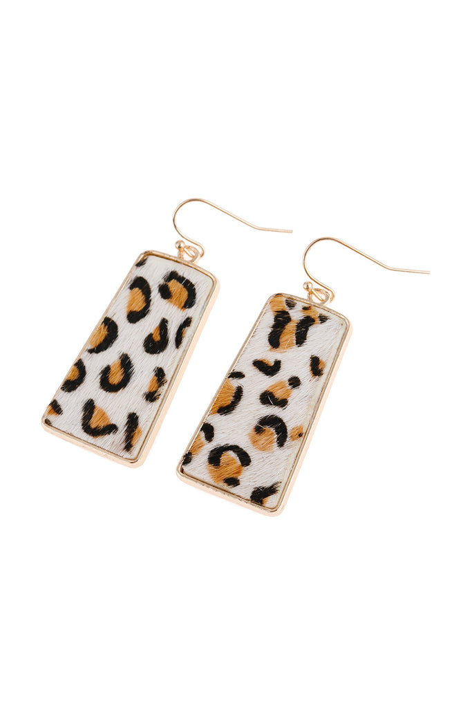 LEOPARD PRINTED LEATHER BAR DANGLING FISH HOOK EARRINGS