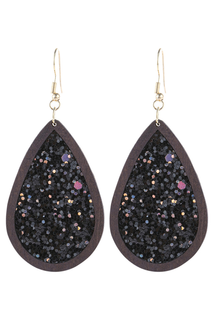 SEQUIN GLITTER WOOD TEARDROP HOOK EARRING