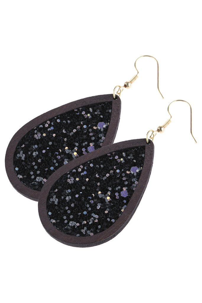 SEQUIN GLITTER WOOD TEARDROP HOOK EARRING