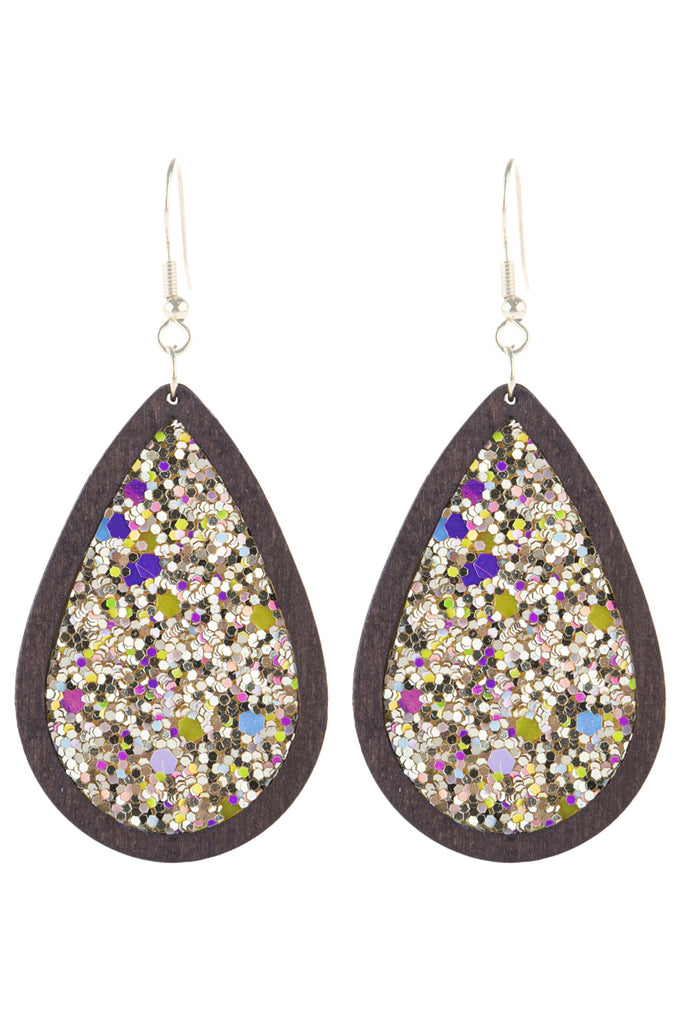SEQUIN GLITTER WOOD TEARDROP HOOK EARRING