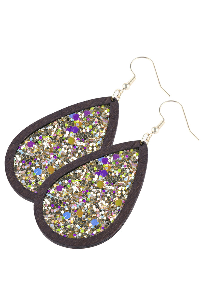 SEQUIN GLITTER WOOD TEARDROP HOOK EARRING