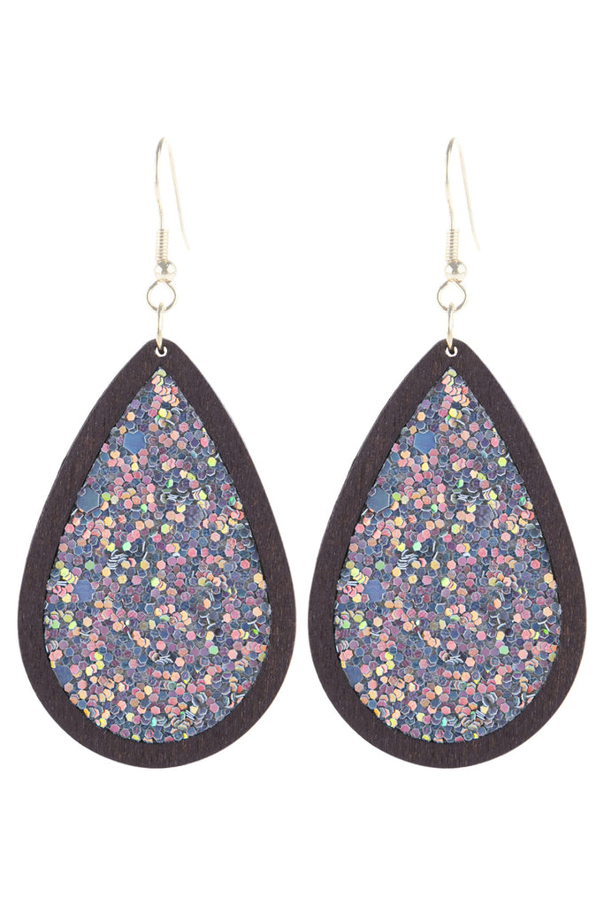 SEQUIN GLITTER WOOD TEARDROP HOOK EARRING