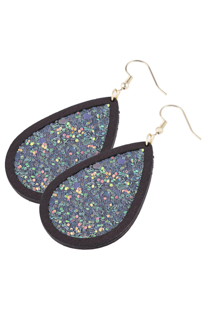SEQUIN GLITTER WOOD TEARDROP HOOK EARRING