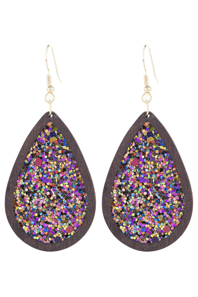 SEQUIN GLITTER WOOD TEARDROP HOOK EARRING