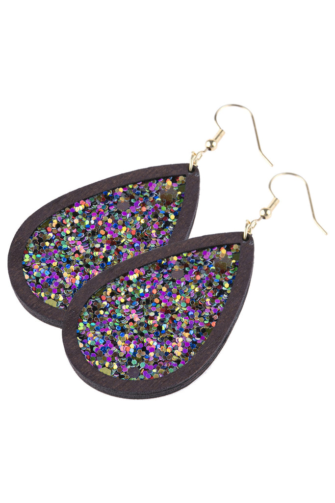 SEQUIN GLITTER WOOD TEARDROP HOOK EARRING