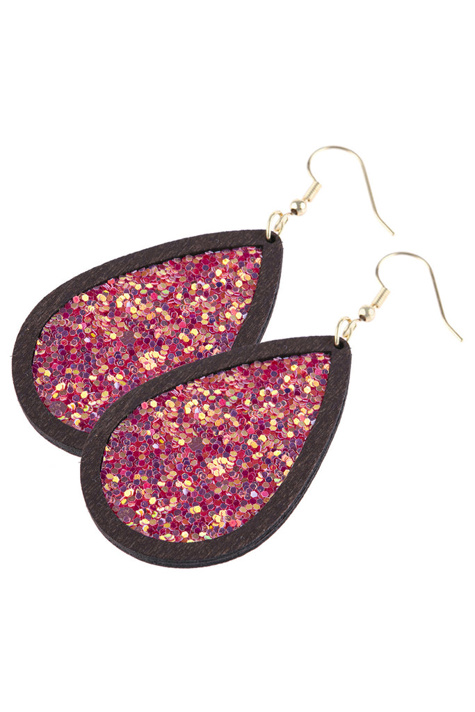 SEQUIN GLITTER WOOD TEARDROP HOOK EARRING