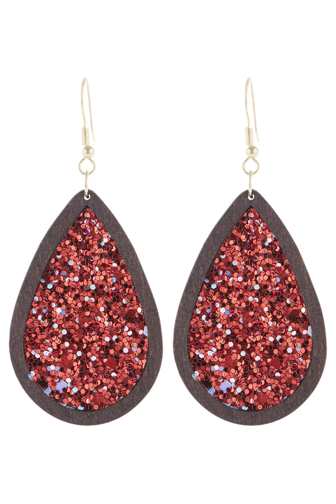 SEQUIN GLITTER WOOD TEARDROP HOOK EARRING