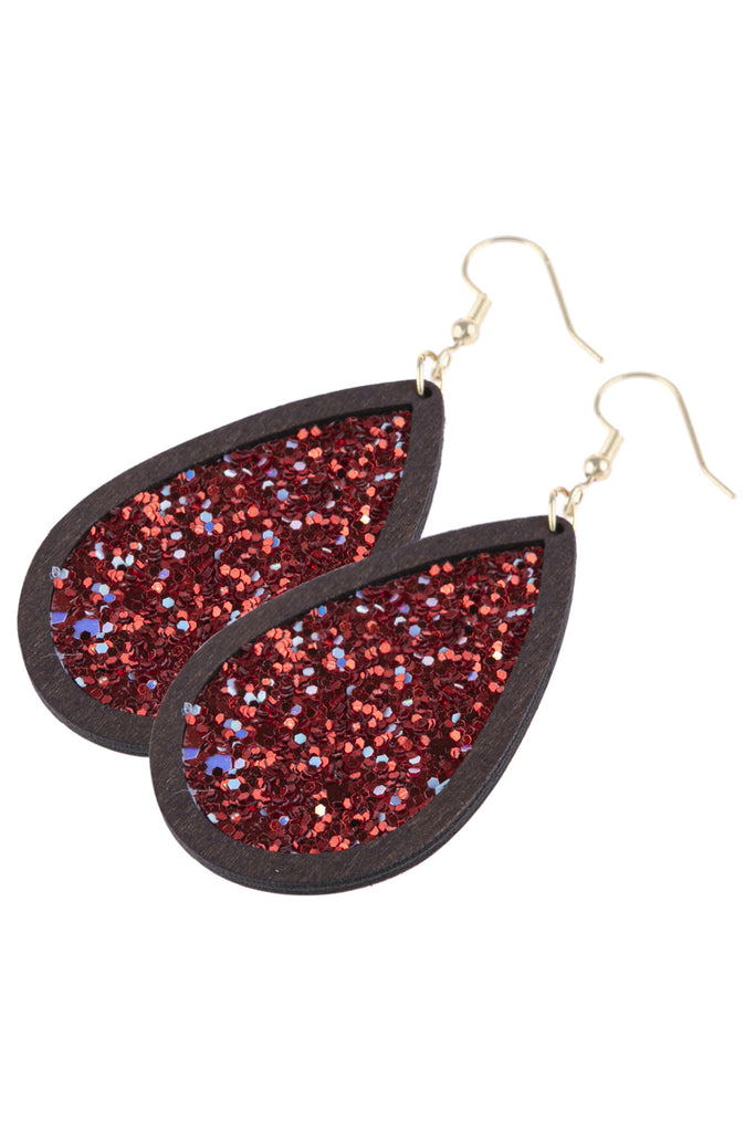 SEQUIN GLITTER WOOD TEARDROP HOOK EARRING