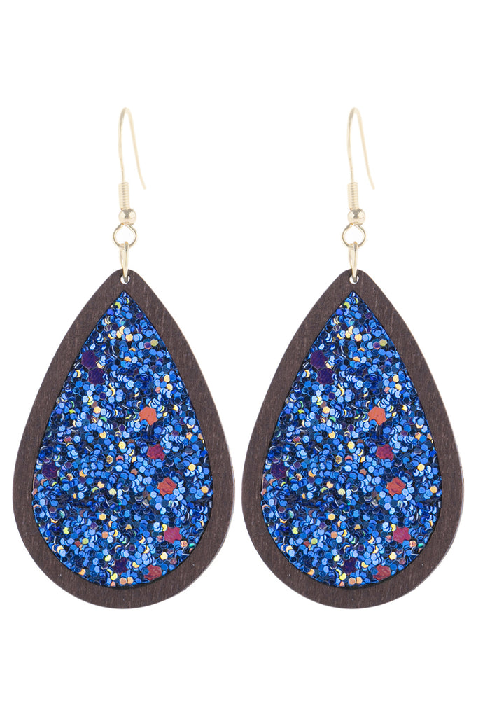 SEQUIN GLITTER WOOD TEARDROP HOOK EARRING