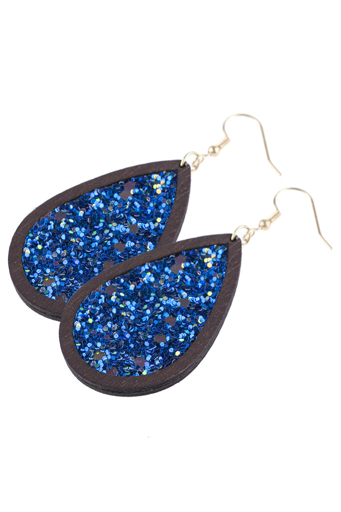 SEQUIN GLITTER WOOD TEARDROP HOOK EARRING