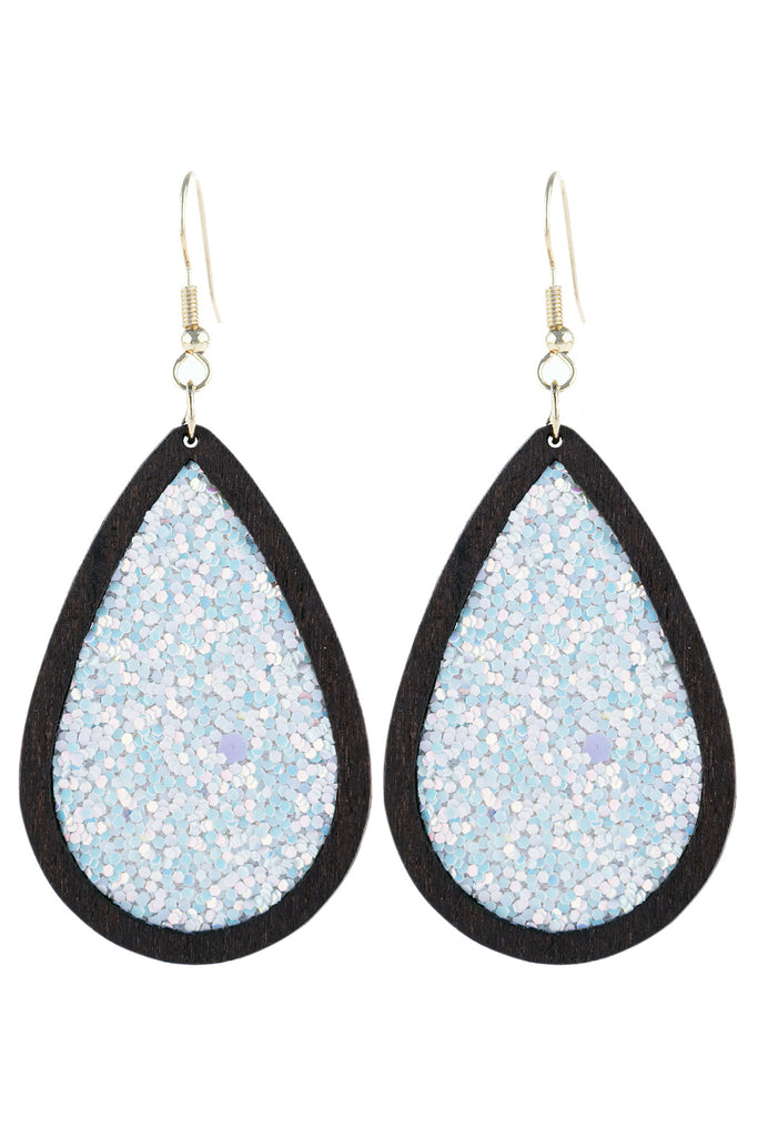 SEQUIN GLITTER WOOD TEARDROP HOOK EARRING