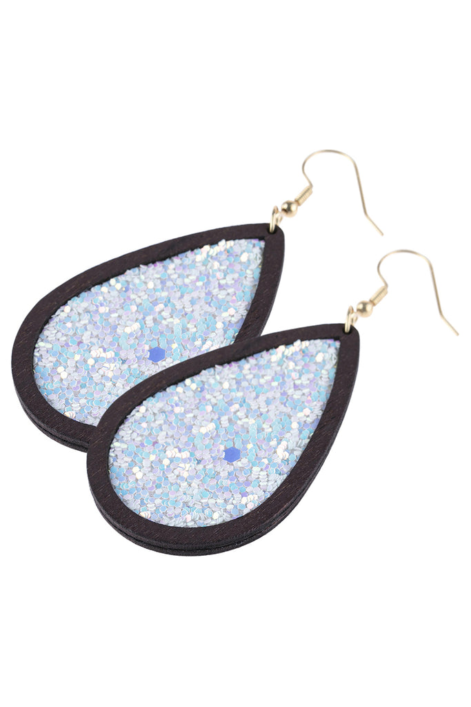 SEQUIN GLITTER WOOD TEARDROP HOOK EARRING