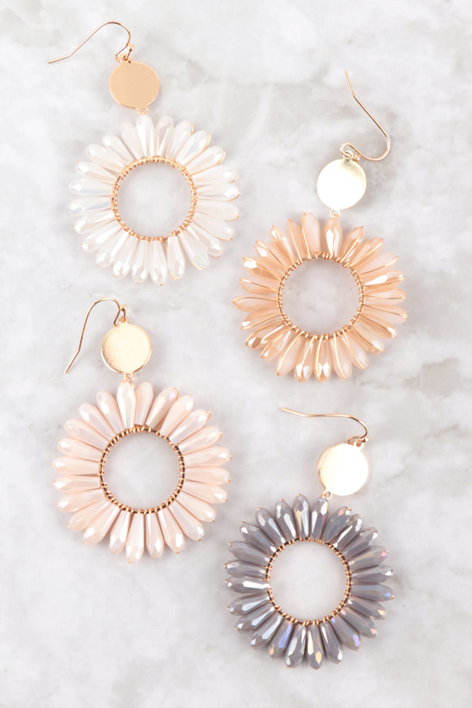 FLOWER GLASS BEADS DANGLE FISH HOOK EARRINGS