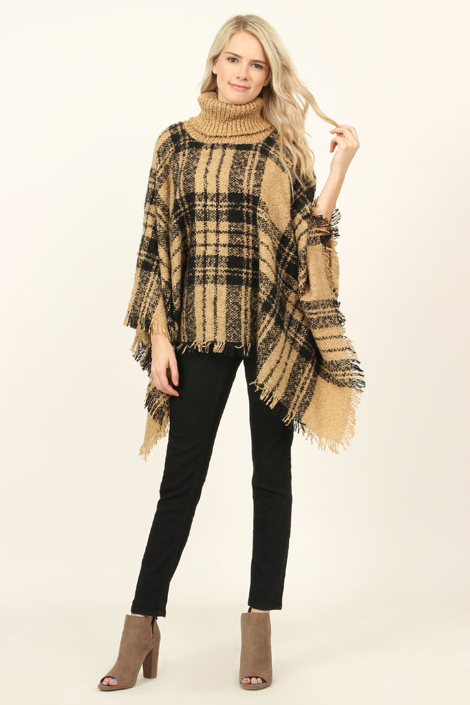 Turtleneck Plaid Tassel Hem Poncho
