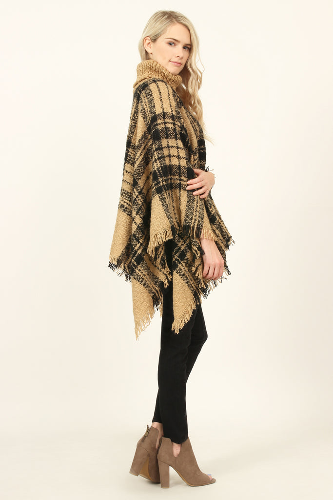 Turtleneck Plaid Tassel Hem Poncho