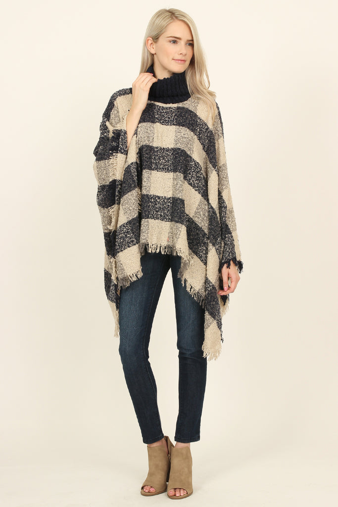 Turtle Neck Plaid Sweater Poncho