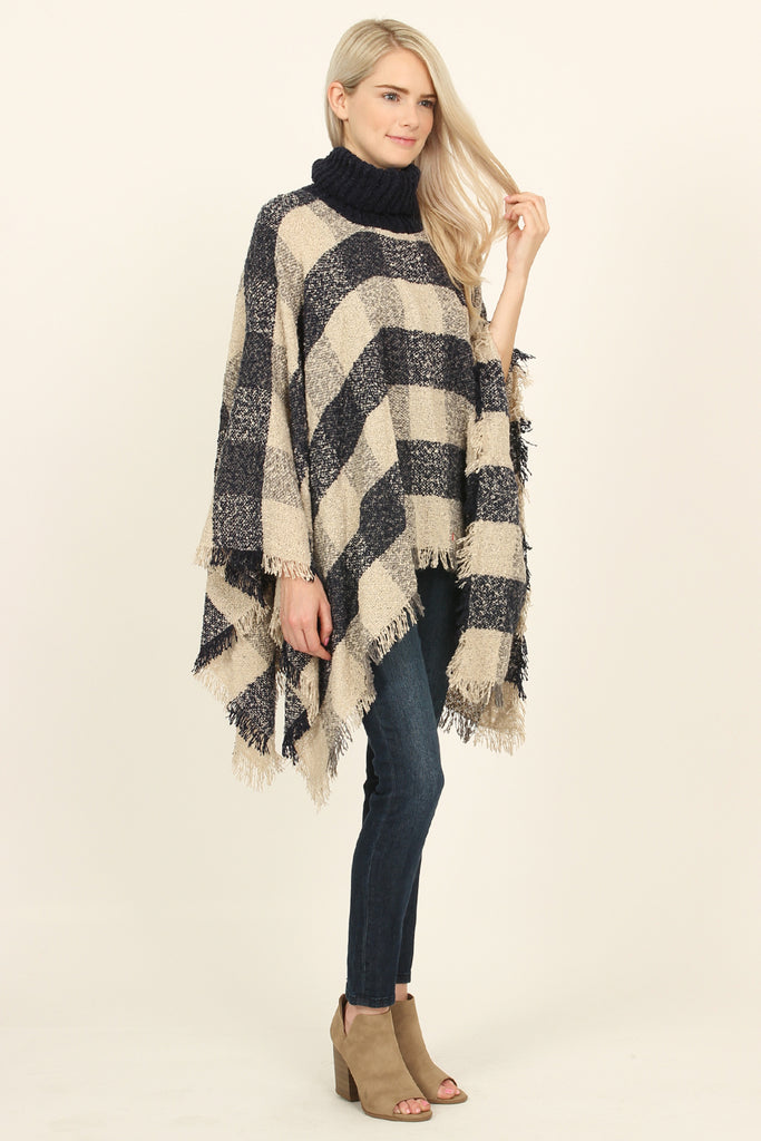 Turtle Neck Plaid Sweater Poncho