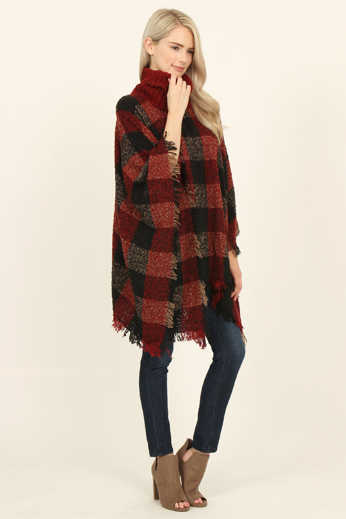 Turtle Neck Plaid Sweater Poncho