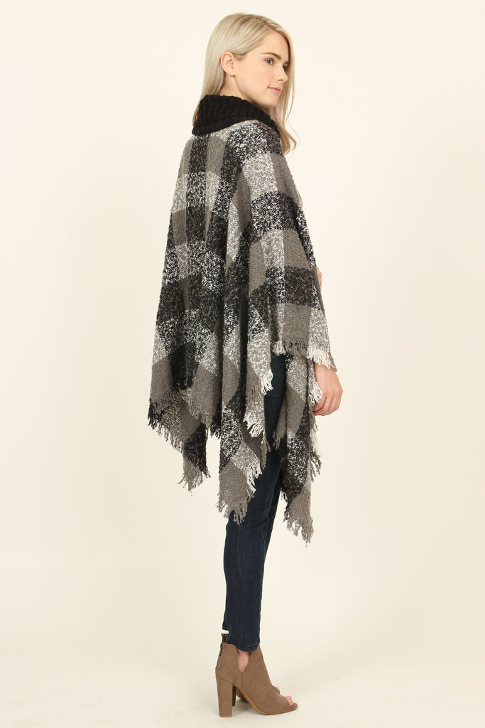Turtle Neck Plaid Sweater Poncho