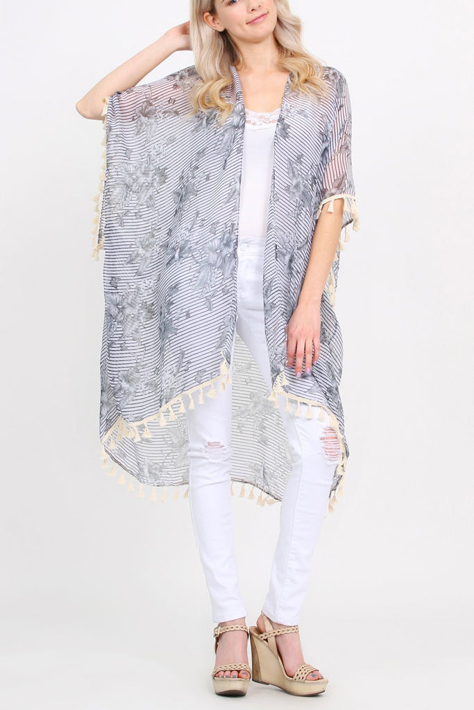 Sheer Tassel Floral Cardigan