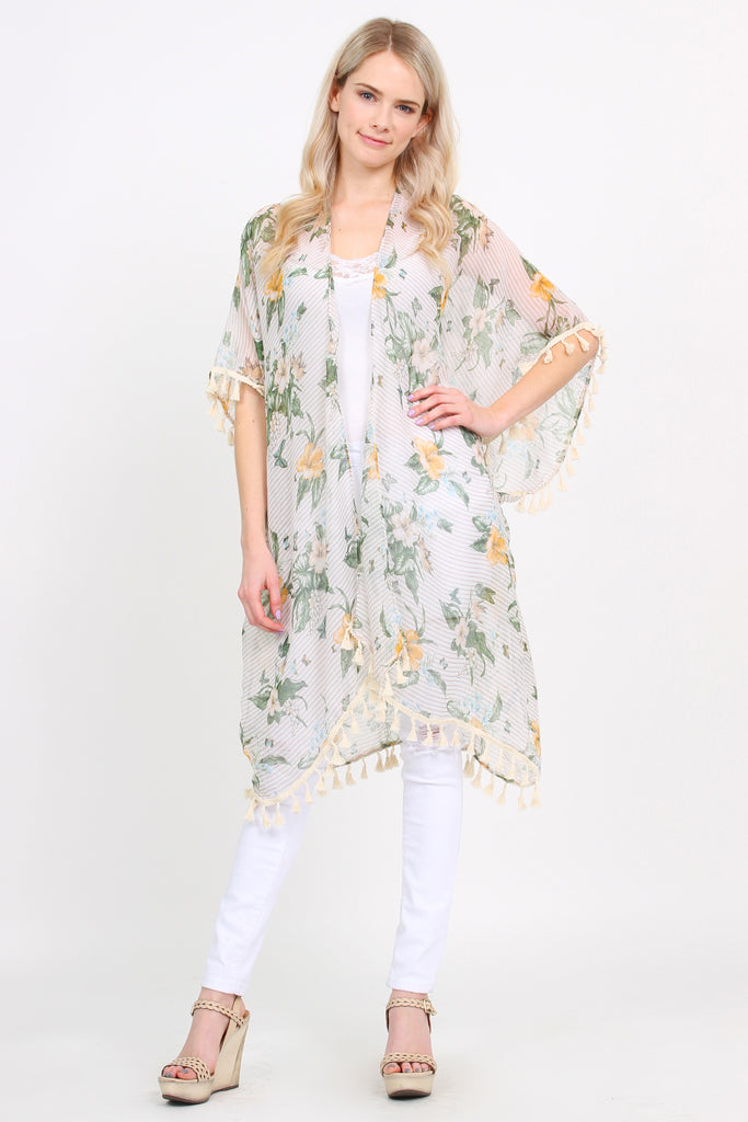 Sheer Tassel Floral Cardigan