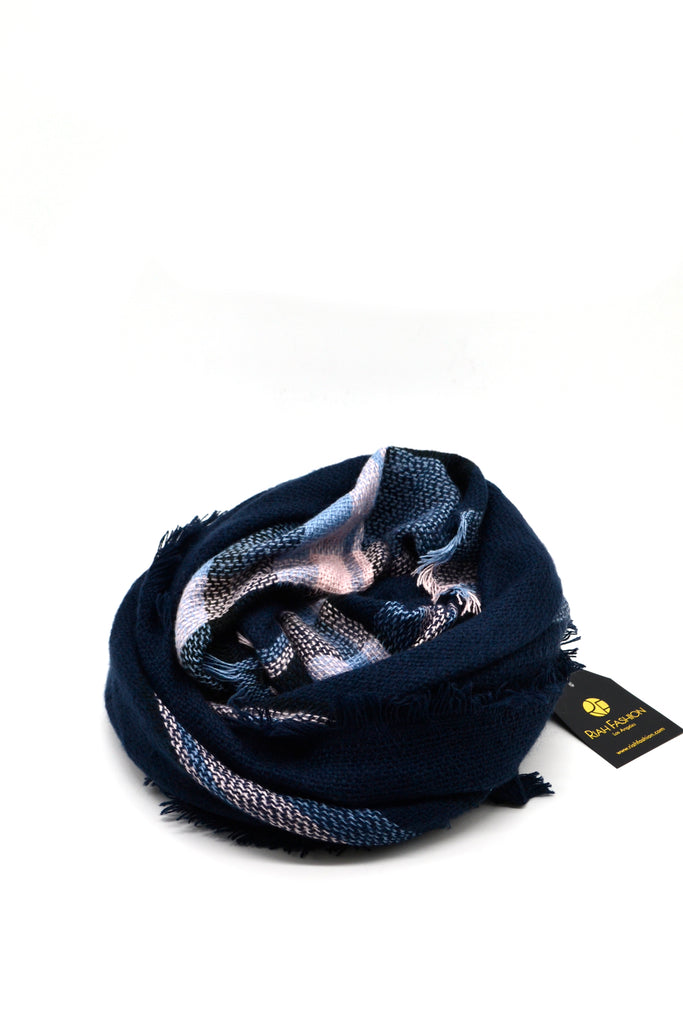 NAVY BLANKET FRINGED SCARF